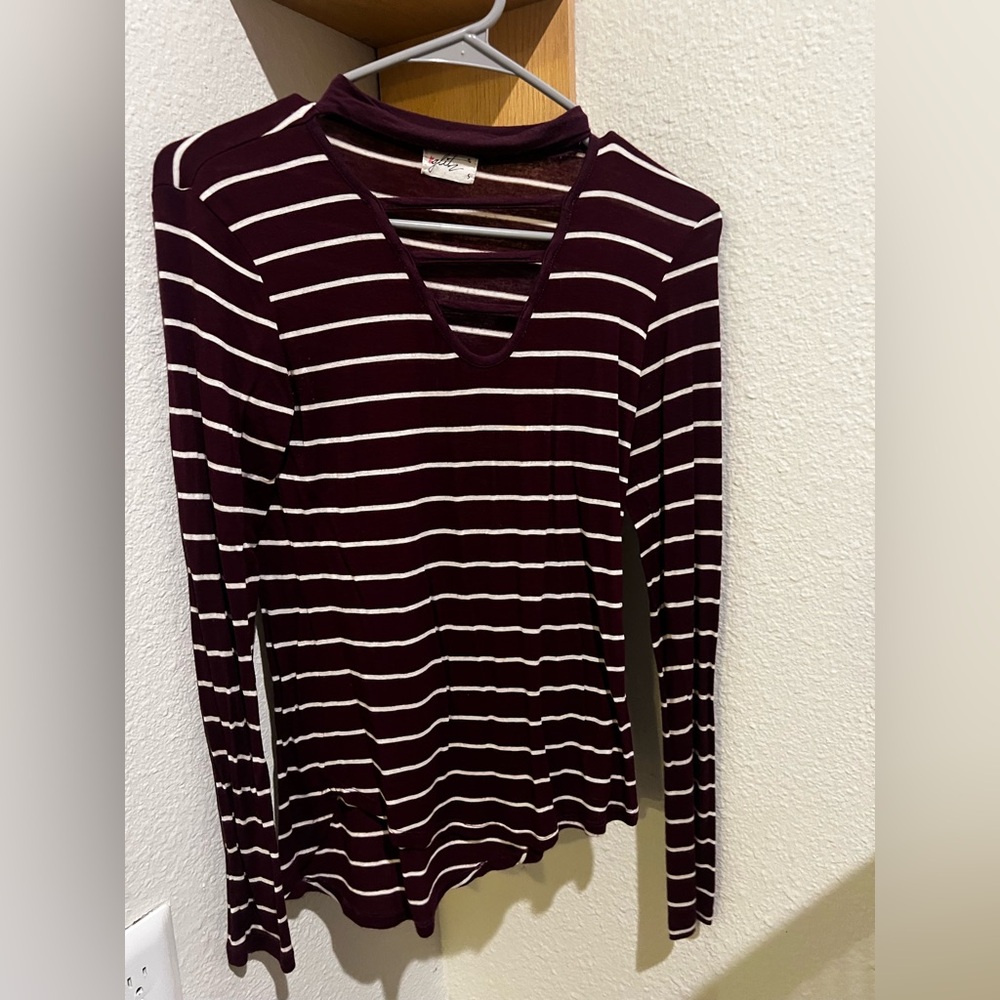 Burgundy and White Striped Long Sleeve Top